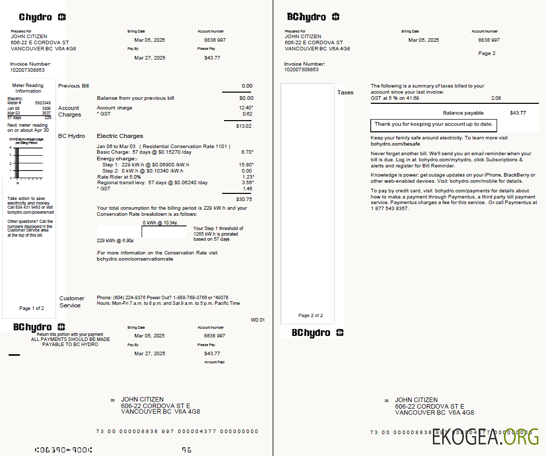 Canada Chydro utility bill template in Word and PDF formtas, 2 pages